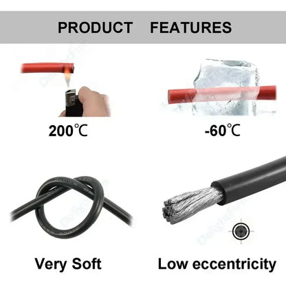Silicone Cable Solar Panel Electrical Wire Heat Resistant Red Black 24 22 20 18 16 14 12 10 8 6 4 awg gauge for Car Auto Battery.