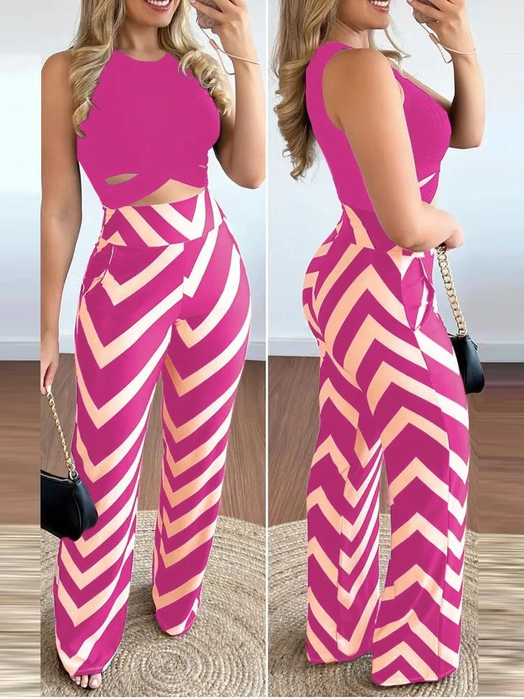 Spring Summer New Sleeveless Short Top Women's Suit Fashion Printed Trousers Slim Slim Simple Elegant Female Office 2 Piece Set.