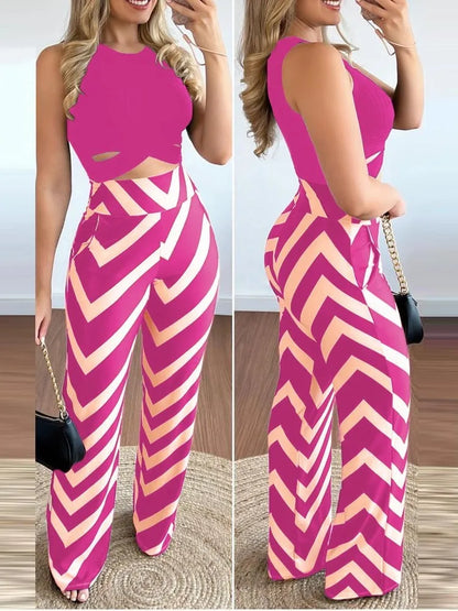 Spring Summer New Sleeveless Short Top Women's Suit Fashion Printed Trousers Slim Slim Simple Elegant Female Office 2 Piece Set.