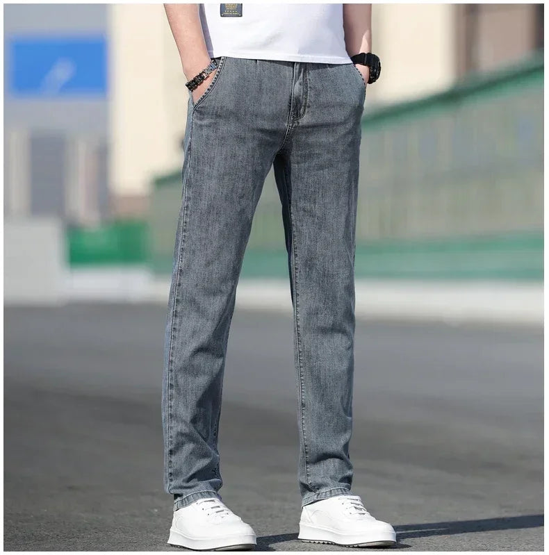KUBRO 2024 Summer New Men's Loose Stretch Gray Jeans Fashion Casual Stretch Straight-leg Denim Pants Male Light Blue Brand.