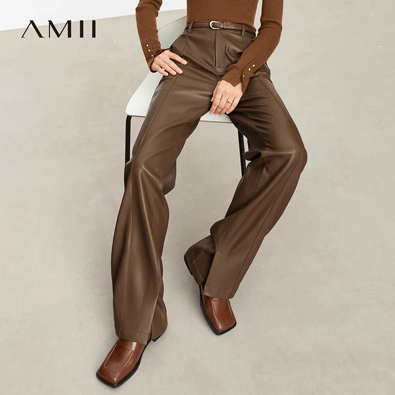 AMII Minimalist Casual Pants for Women 2025 Autumn Clothing PU Leather Loose Straight Pants Slit Office Lady Trousers 12343250.