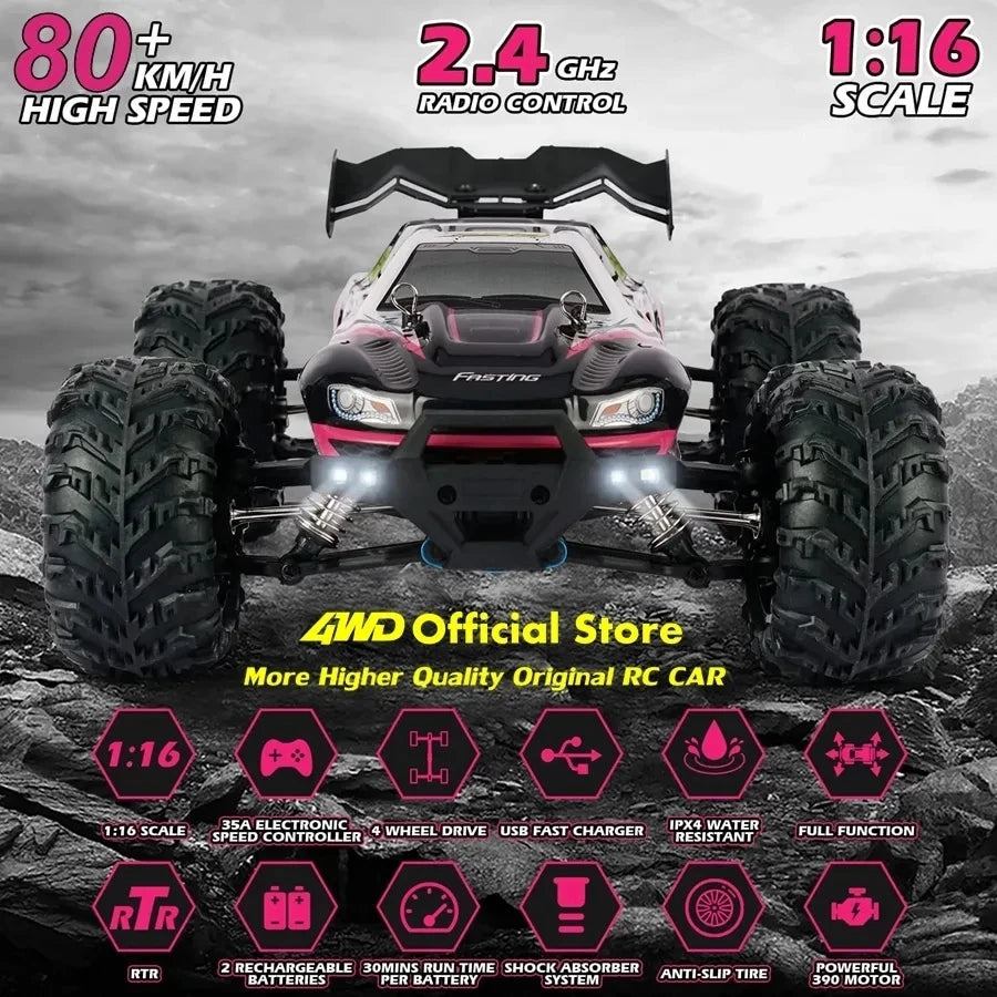1:16 80km/h Brushless RC Drift Car With LED Lights 4WD Electric High Speed Racing Remote Control Monster Truck for Kids Adults.