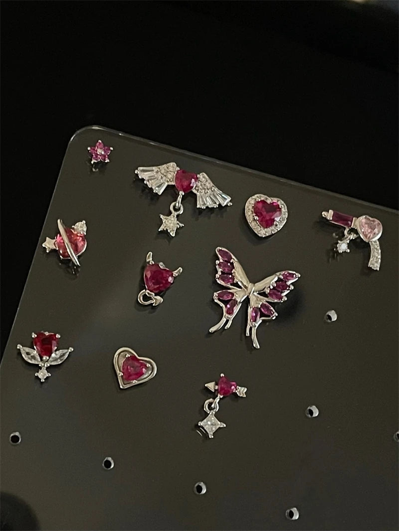 New Trendy Shiny Rose Red Color Zircon 316L Stainless Steel Ear Bone Nail Y2K Gothic Love Heart Small Earrings for Women Jewelry.