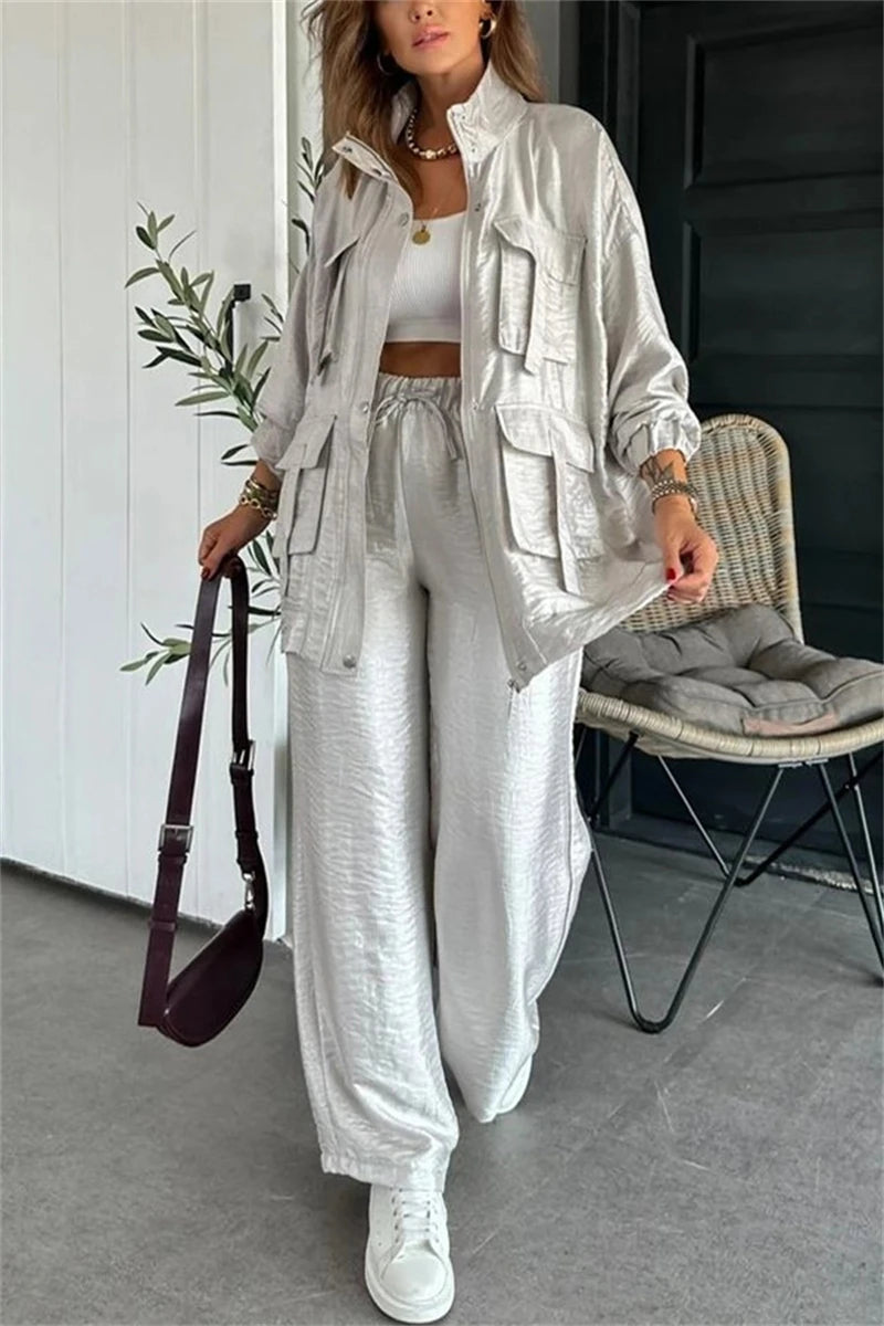 Streetwear 2 Piece Sets Women Outfit Spring Clothes Women 2025 Solid Pocket Jacket Top and Pant Sets Safari Style Tracksuits Set.