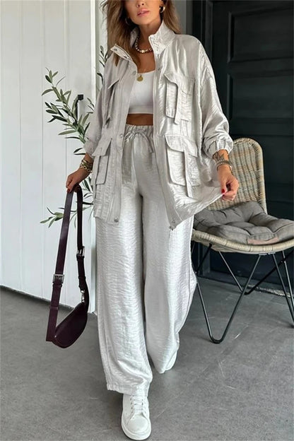 Streetwear 2 Piece Sets Women Outfit Spring Clothes Women 2025 Solid Pocket Jacket Top and Pant Sets Safari Style Tracksuits Set.