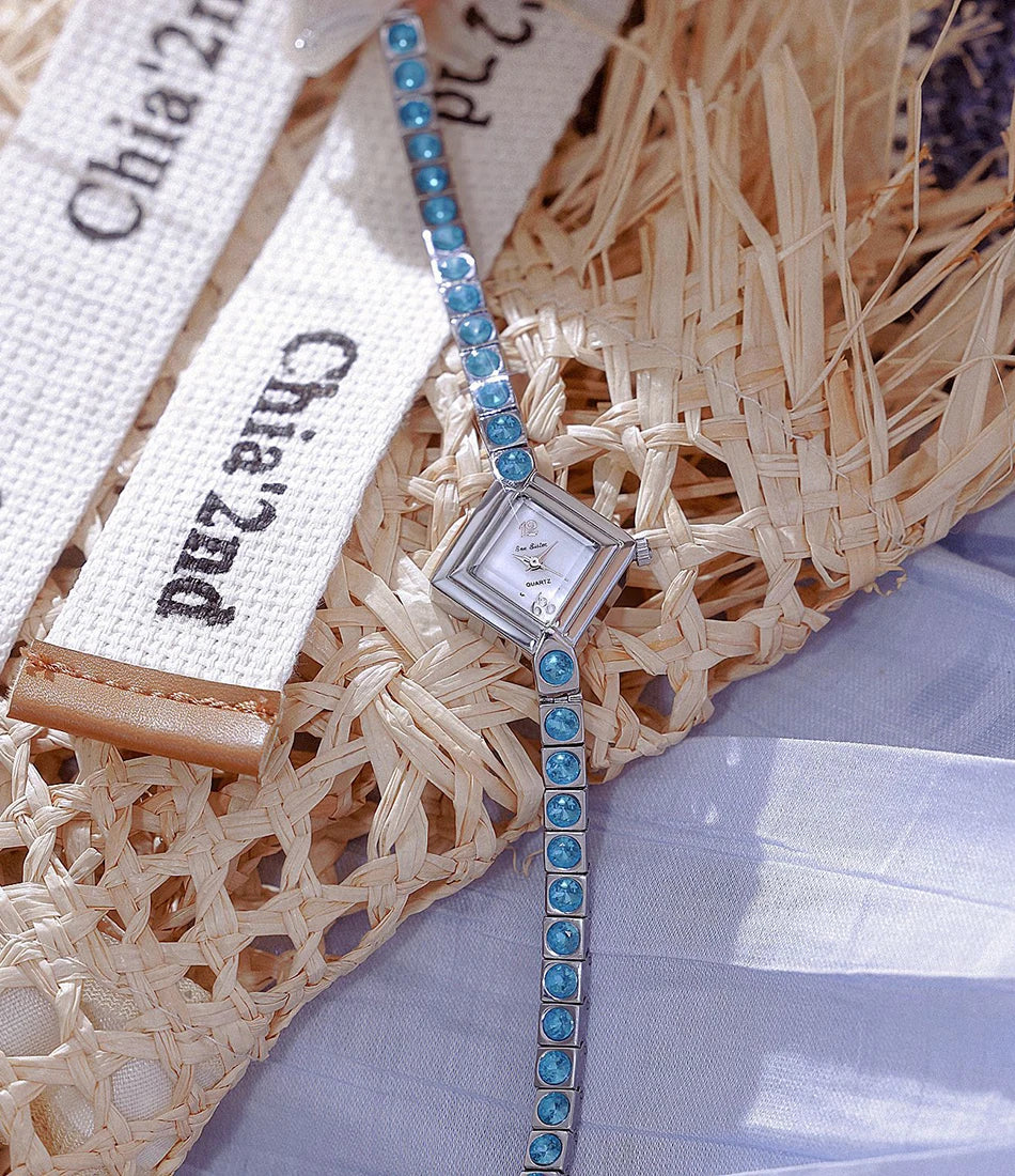 Luxury Women's Watch Square Dial Blue Rhinestones Bracelet Waterproof Fashion Elegant Wristwatch for Women Daily Wear Gifts.