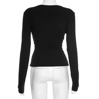 Pure Color V-neck Long Sleeve T-shirt Waist-cinching Sexy Top for Women Cross-border Autumn New Style Y25TP348 Polyester Fiber.