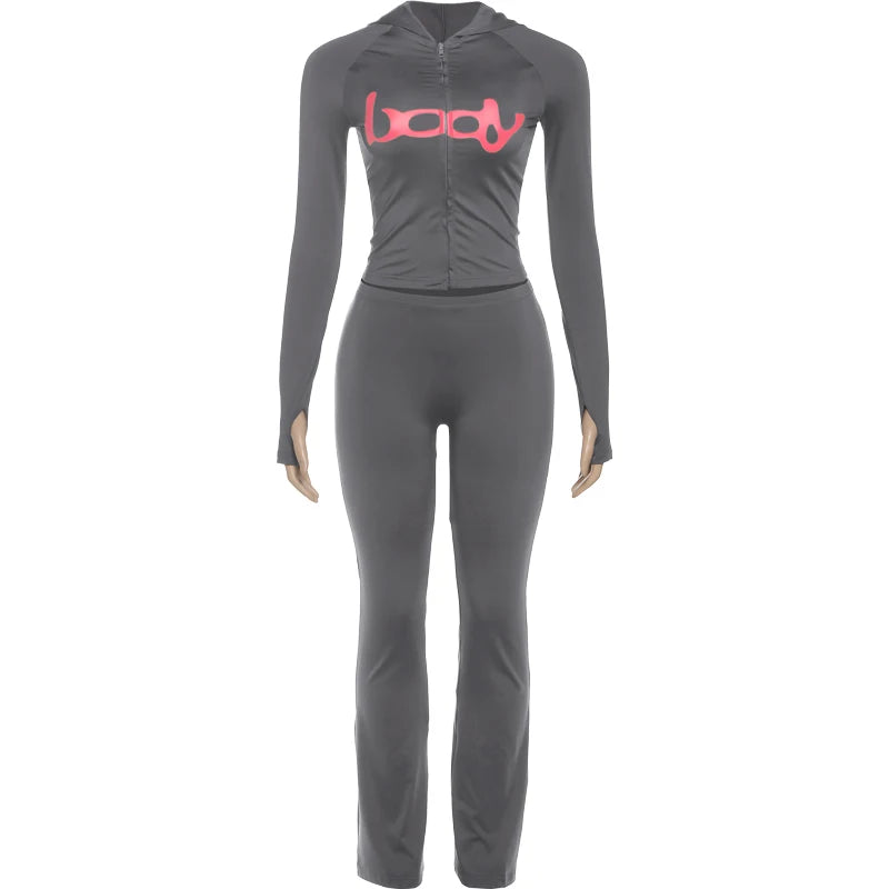 Weird Puss Letter Print 2 Piece Set Women Tracksuit Hooded Jacket+Leggings Matching Stretch Streetwear Casual Sporty Outfits.