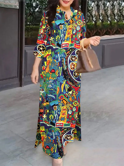 ZANZEA Women 3/4 Sleeve Long Dresses Fall 2024 Fashion Lapel Neck Cotton Shirtdress Vintage Floral Print Maxi Shirt Dress New In.