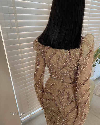 BABYONLINE Maßgeschneidertes Abendkleid All CoPearl Sleeve Full Crystals Etuikleid Abiye