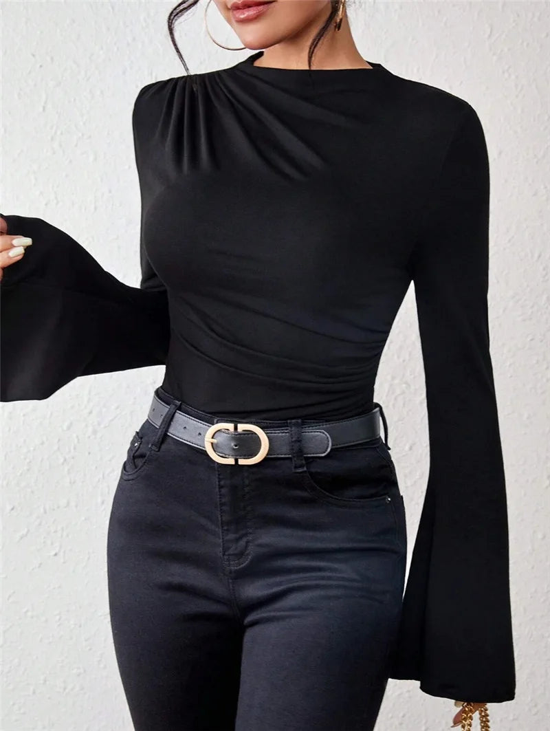 Fashion Pleated T-Shirt Women Solid Color Slim Shirt Autumn Flare Sleeve Stand Collar Pullover Tops Female Commuter Casual  Tees.