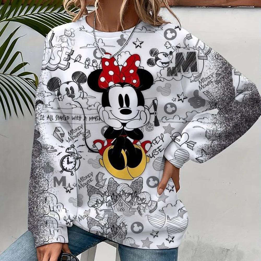 Damen-Sweatshirt mit Mickey-Mouse-Aufdruck, High-Street-Damen-Hoodie, Kleidung mit Y2K-Muster, lässiger Rundhalspullover.