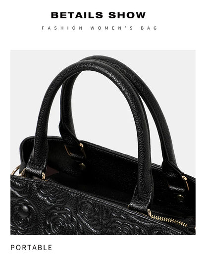 Leather handbag high sense handbag top layer leather rose pattern slung shoulder bag.