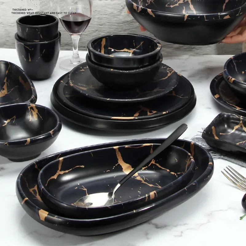 Marble Texture Imitation Melamine Plate BBQ Tableware Cake Fruits plates Snack Tray Outdoor Party Dishes Steak.