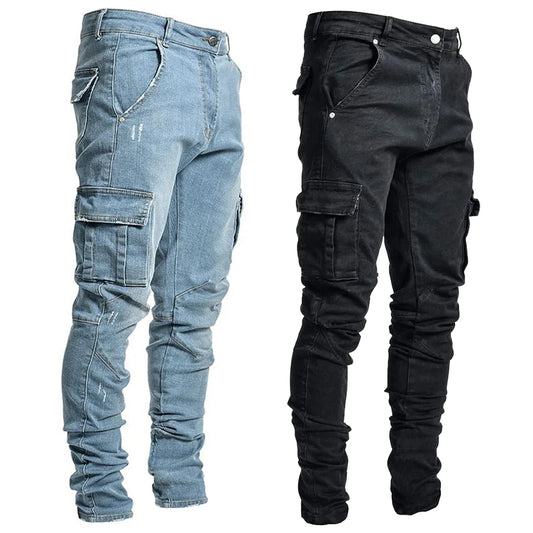 Street Elastic Jeans Men Denim Cargo Pants Wash Solid Color Multi Pockets Casual Mid Waist Trousers Slim Fit Daily Wear Joggers.