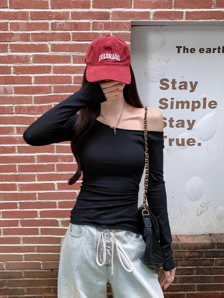 Vintage Solid Off Shoulder T Shirt Women Autumn Sexy Slash Neck tshirts Cotton Long Sleeve Chic Irregula Streetwear Slim Top Y2k.