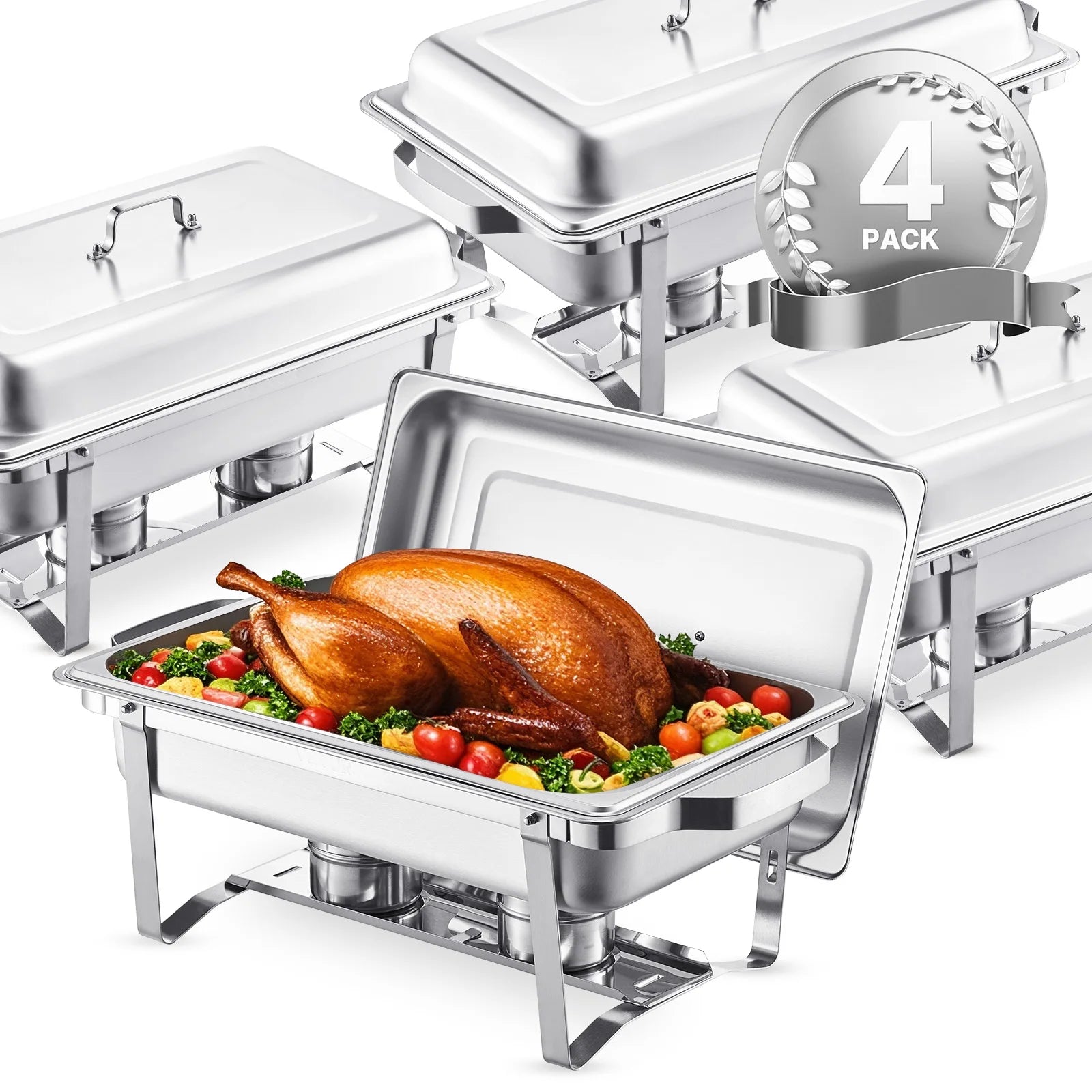 SucceBuy 8 Qt 4 Pack Chafing Dish Buffet Set Stainless Steel Chafer with 2 Full Size and 4 Half Size Pans Catering Warmer Server.