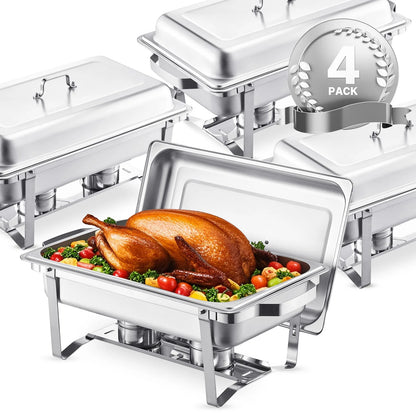 SucceBuy 8 Qt 4 Pack Chafing Dish Buffet Set Stainless Steel Chafer with 2 Full Size and 4 Half Size Pans Catering Warmer Server.