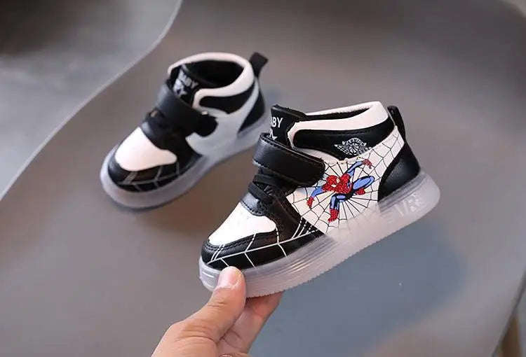 Disney Children's Sneakers Boys Girls Spiderman Led Light Sport Shoes Student Shoes Hook Anti-slip Kids Outdoor Basket Shoes.