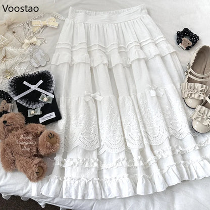 Mori Girl Style Lolita Midi Skirt Women Vintage Embroidery Lace Floral Bow Ruffles Long Skirts Female Prairie Chic Party Skirt.