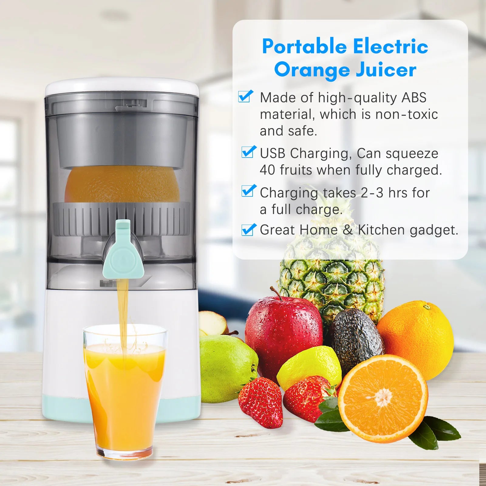 Electric Orange Juice Squeezer Hands Free Portable Citrus Juicer for Orange Lemon Apple USB Powered Detachable &Washable.