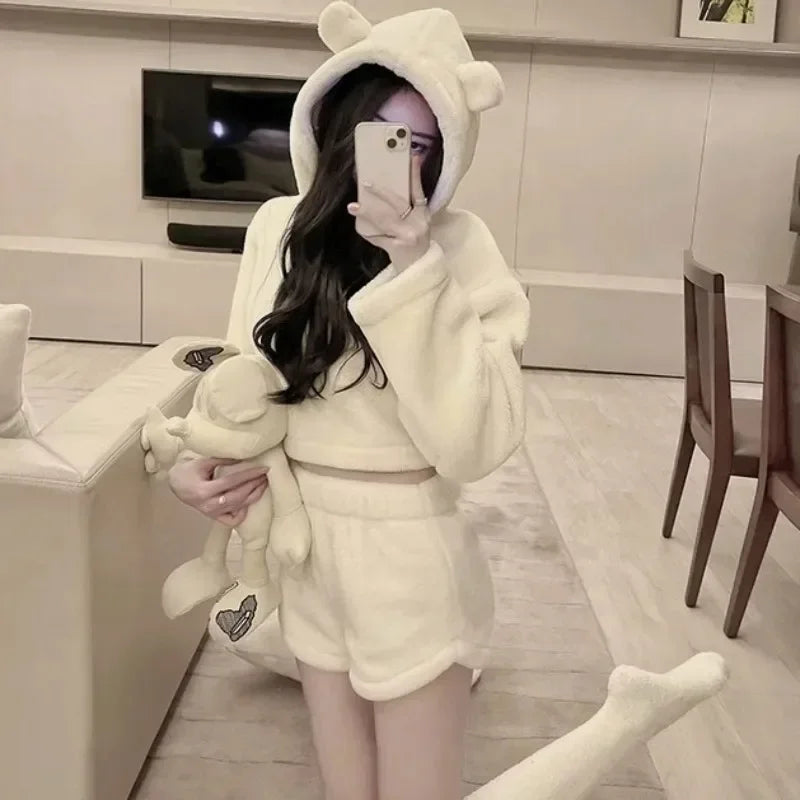 Stylish Pajama Sets for Women Kawaii Girls Autumn Winter Clothing Japan Style Long Sleeve Shorts Young Students Home Casual Soft.