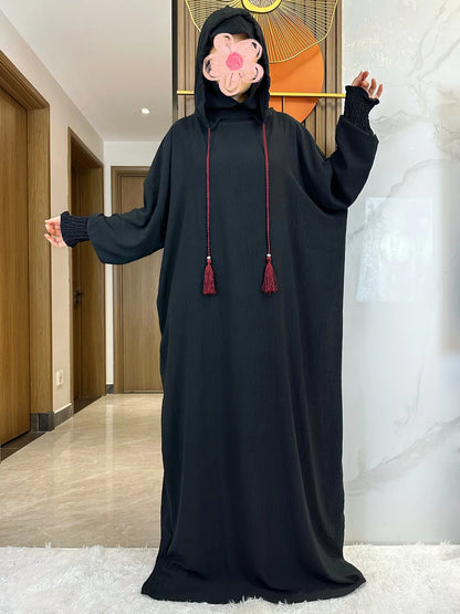 Women Cotton Abayas Muslim Ramadan Prayer Clothing With Hooded Jalaba Solid Casual Batwing Sleeve Arab Oriental Robe Eid Djellab.
