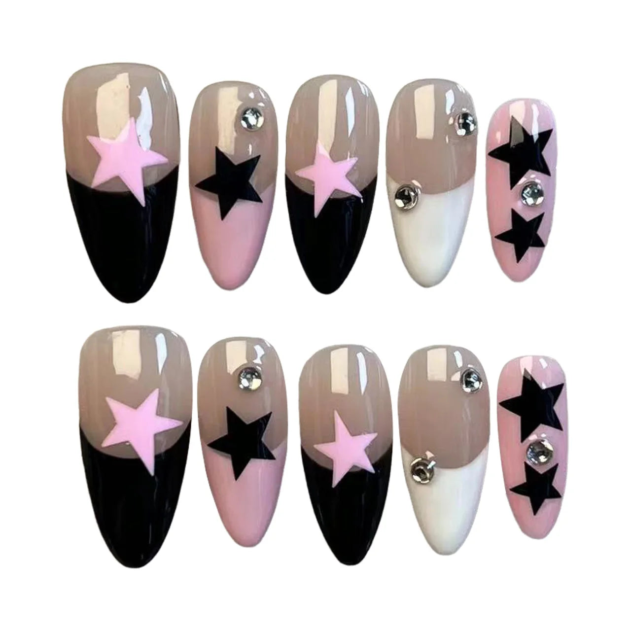 10pcs Handmade Press On Nails Black White Pink French Style False Nails Paches Star Designs Wearable Almond Fake Nail For Women.