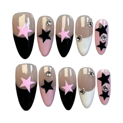 10pcs Handmade Press On Nails Black White Pink French Style False Nails Paches Star Designs Wearable Almond Fake Nail For Women.