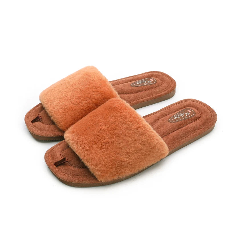 Litfun Women Warm Slides Plush Flat Slippers Women Warm Slides Cozy Soft Sole Faux Fur Shoes Female Cute Open Toe Home Slippers.