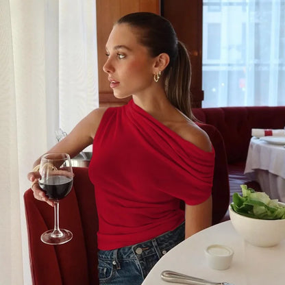 Talenza Sexy One Shoulder Tops Womens Summer Fashion Hot Girls Backless Pleated Slim T-Shirt Casual Office Lady Party Tops Women