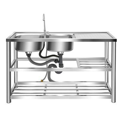 Freistehendes Doppelwaschbecken-Set aus Edelstahl mit Wasserhahn, 3-stufiges Aufbewahrungs-Küchenspüle-Set für den gewerblichen Gebrauch in der Küche, Wäsche