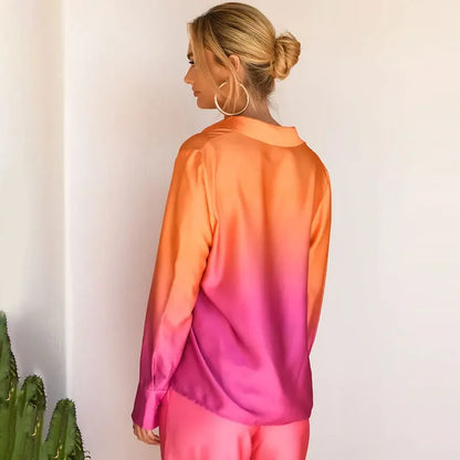 Female Casual Outfit New Summer Print Suits Woman Vintage Printed Long-sleeved Shirt and Loose Wide Leg Pants Set Two Piece Set.