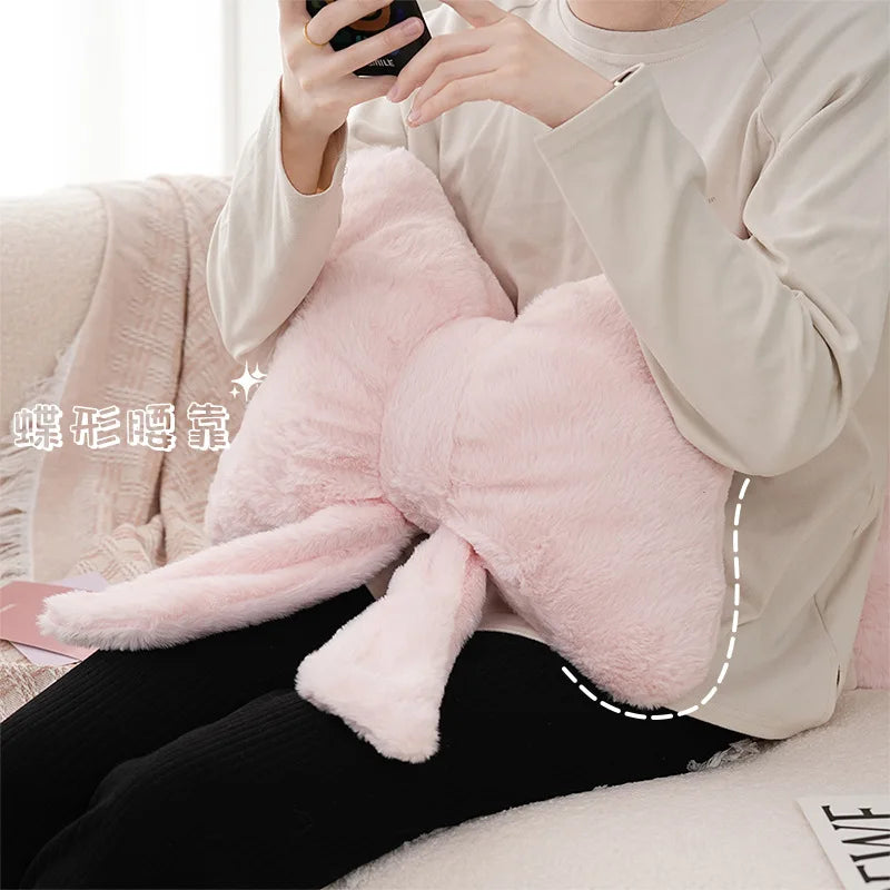 Pink bow ribbon couch pillow imitation rabbit fur comfortable car seat cushion ins style simple all-match back cushion.