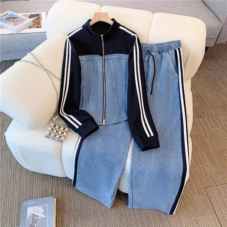 Pant Set Women Two Piece Sets Denim Splice Zipper Matching Sets Casual Coats Wide Leg Long Pants Lace Up Elastic Waist 2025.