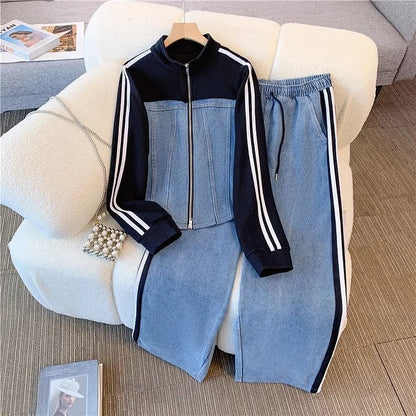 Pant Set Women Two Piece Sets Denim Splice Zipper Matching Sets Casual Coats Wide Leg Long Pants Lace Up Elastic Waist 2025.