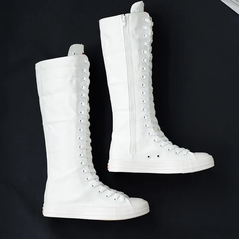 Women Shoe Canvas Casual High Top Shoes Long Boot Lace-Up Zipper Comfortable Flat Boot Sneakers Tenis Feminino Spring Autumn.