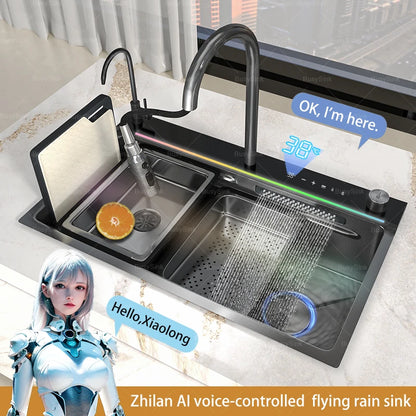 AI voice-controlled Stainless Steel Kitchen Sink With Waterfall  Embossed Large Single Slot Multifunction Dishwashing Sinks