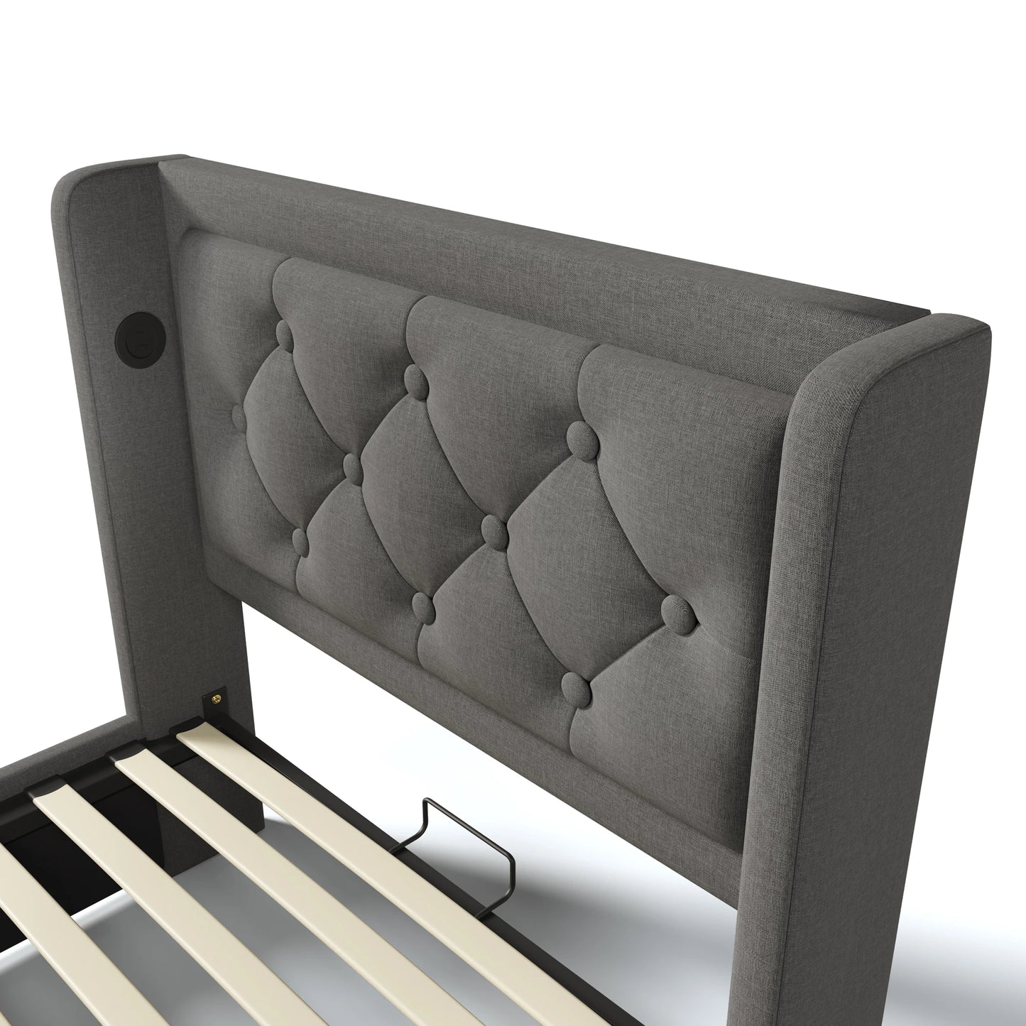 Gepolstertes Einzelbett 90x200 cm, graue Baumwolle, USB-C-Aufladung, 3-seitige LED (keine Matratze)