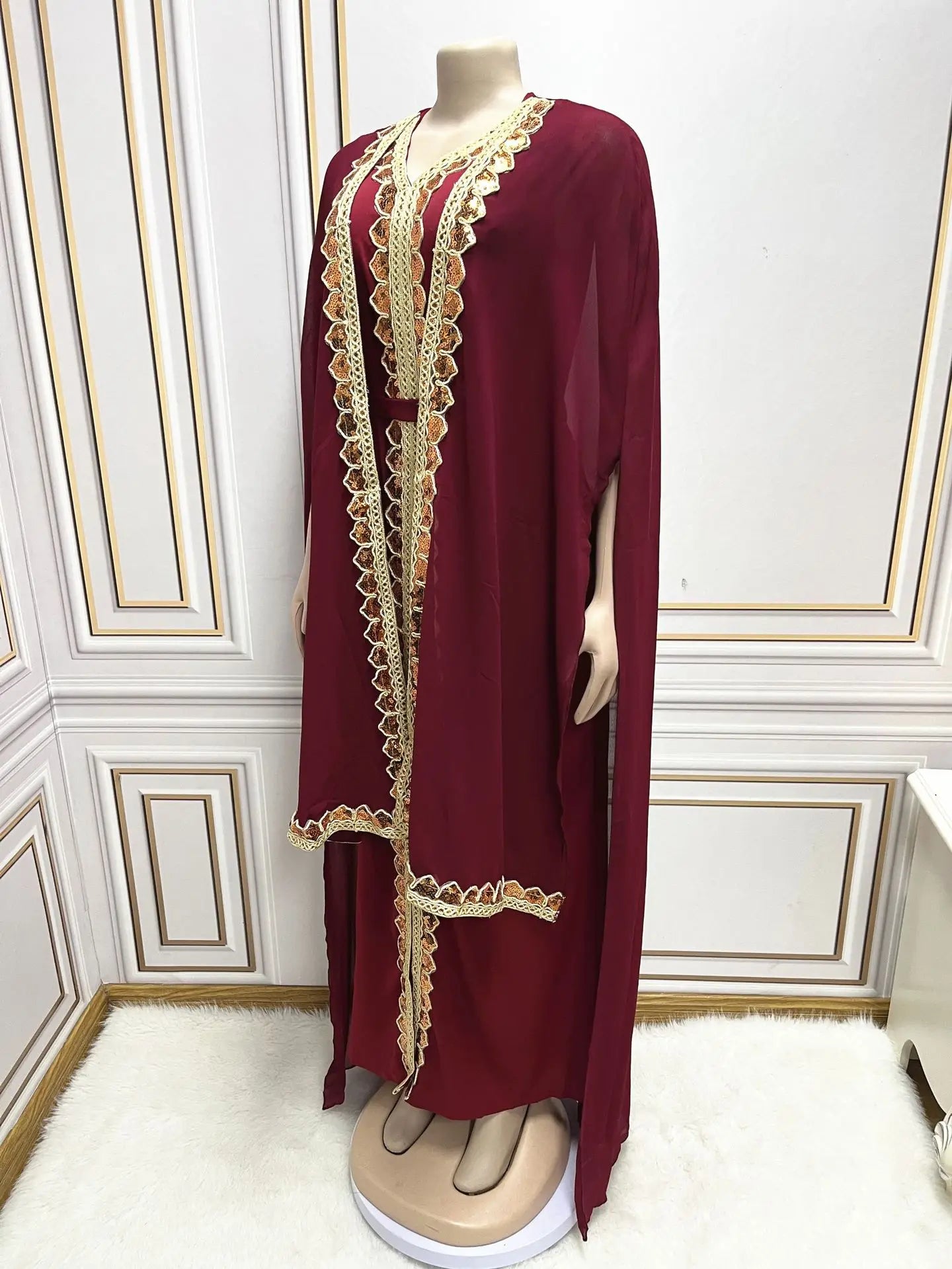 Elegant Muslim Abaya for Women Dress 2 Piece Set Chiffon Cloak Caftan Indian Party Dresses Sequins Kinono Robe Vestidos Abayas