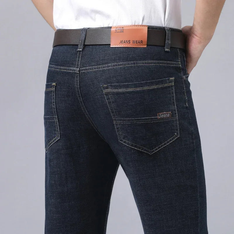 2024 New Brand Men's Fit Straight Lightweight Cotton Stretch Denim Pants Casual Male High Waist Thin Light Blue Business Jeans.