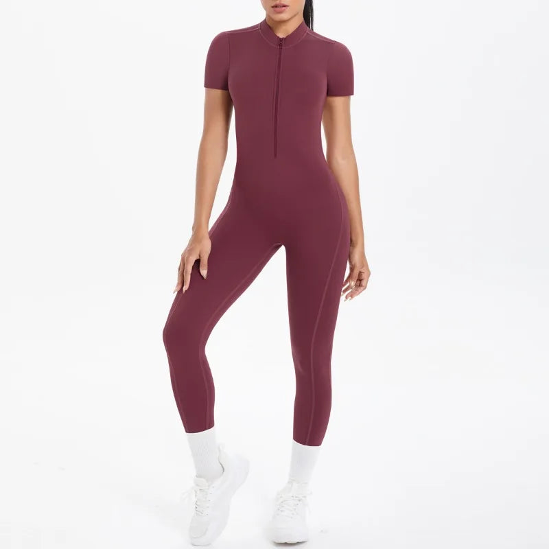 New Women's Yoga Jumpsuit Front Zipper Tight Back Hollow Out Short Sleeve-pants Activewear for Fitness Running Gym Workout