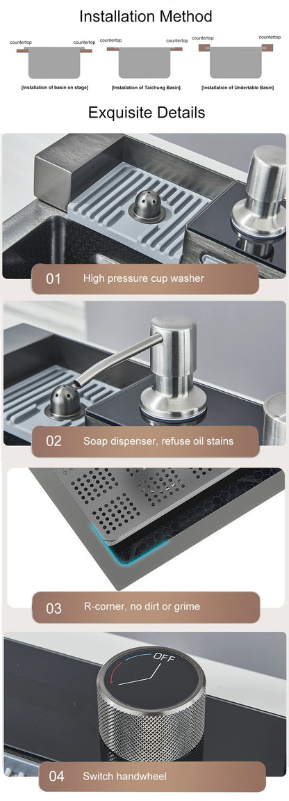 Stainless Steel Kitchen Sink with Hot Cold Pull Out Kitchen Sink Faucets Digital Large Single Bowl Waterfall Rain Kitchen Sinks