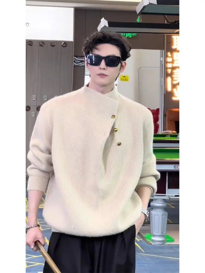Irregular Button Turtleneck Sweater Men's Autumn and Winter Fashion Brand.