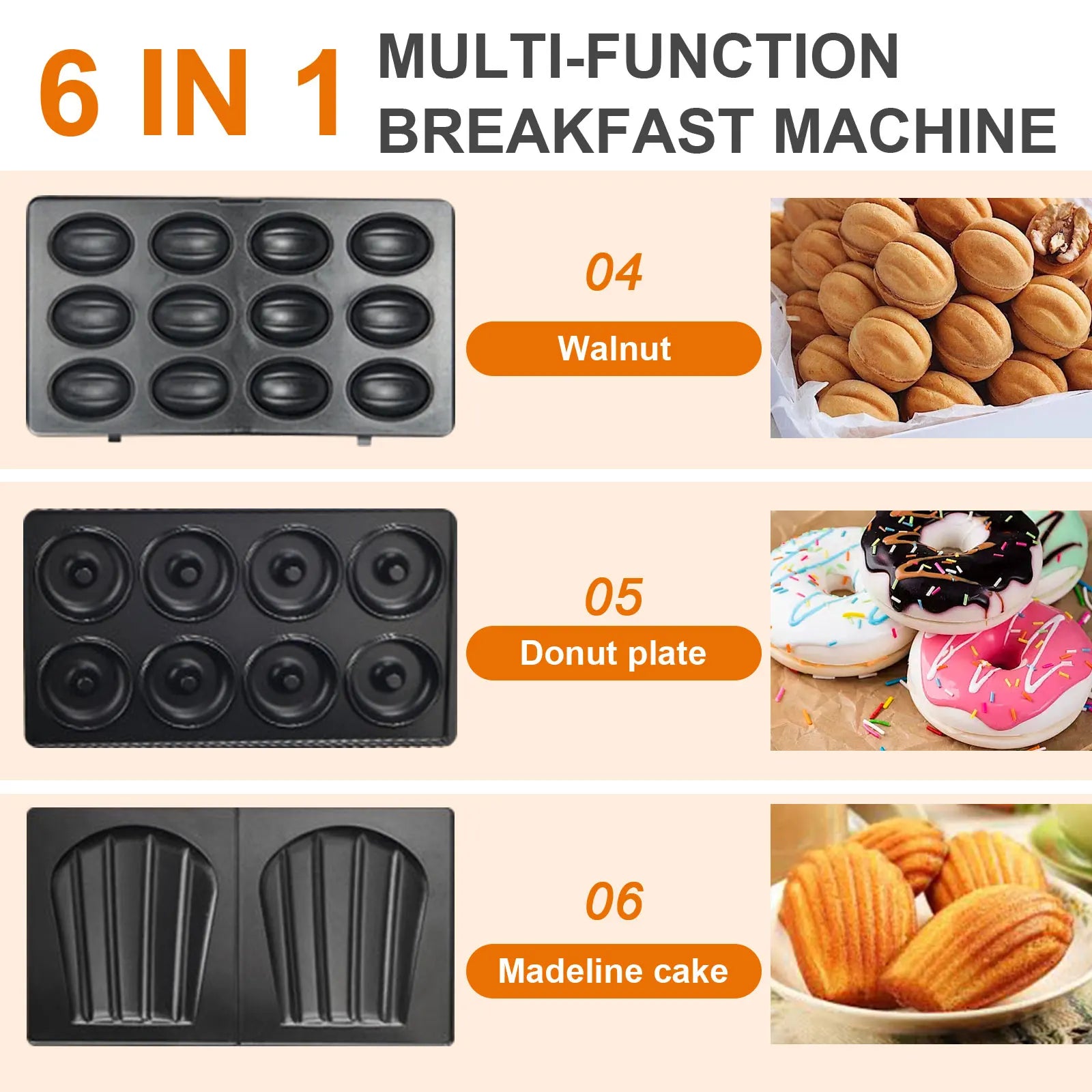 Sandwich Maker 6 in 1 Waffle Maker 750 W Sandwich Toaster with 6 Removable Non-Stick Grill Plates Waffle Iron Breakfast Machine.