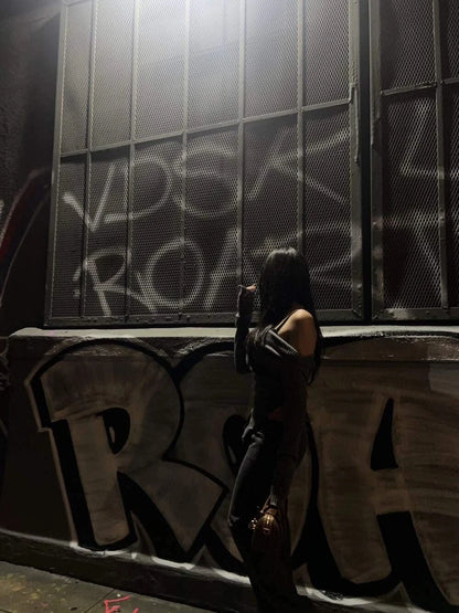 Women Solid Autumn Winter Grunge Asymmetrical Neck Rib-knit Tee Strapless Blouse Long Sleeve Casual Sweater Handkerchief Hem.