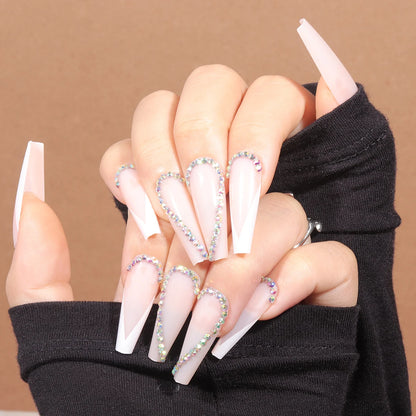 Transform Your Nails with 24pcs Long Coffin White French 3D Rhinestone Decor Fake Nail.