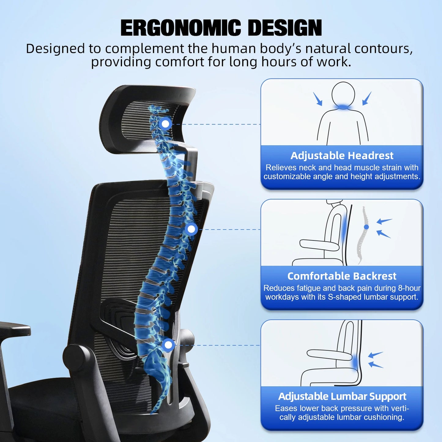 AUTHMIC Ergonomischer Bürostuhl aus Netzstoff, verstellbarer, drehbarer Computer-Schreibtischstuhl mit Liegestuhl 90er ° -135 Lordosenstütze für das Heimbüro