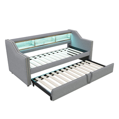 Ausziehbares Schlafsofa 90/180 x 190 cm, multifunktionales Aufbewahrungsfach, LED-Licht und USB-Buchse, mit Gitter, Dunkelgrau