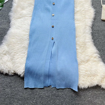 YuooMuoo 2023 Neue Sommer Frauen Gestrickte Lange Kleid Elegante Stickerei Dünne Elastische Bodycon Pullover Kleid Büro Dame Vestidos.